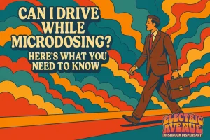 animation of a man going to work with the title of the blog post "Can I Drive While Microdosing? Here’s What You Need to Know"