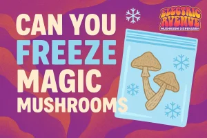 small freezer bag with shrooms + title "Can You Freeze Magic Mushrooms? Storage Tips Inside"